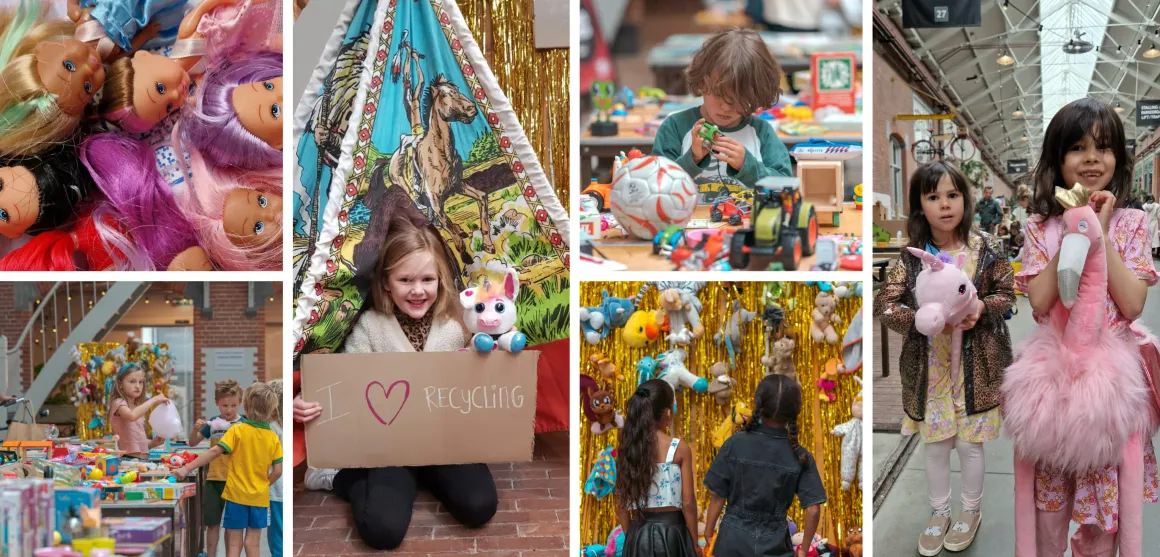 Galerij van kinderen in speel deel en recycle festival